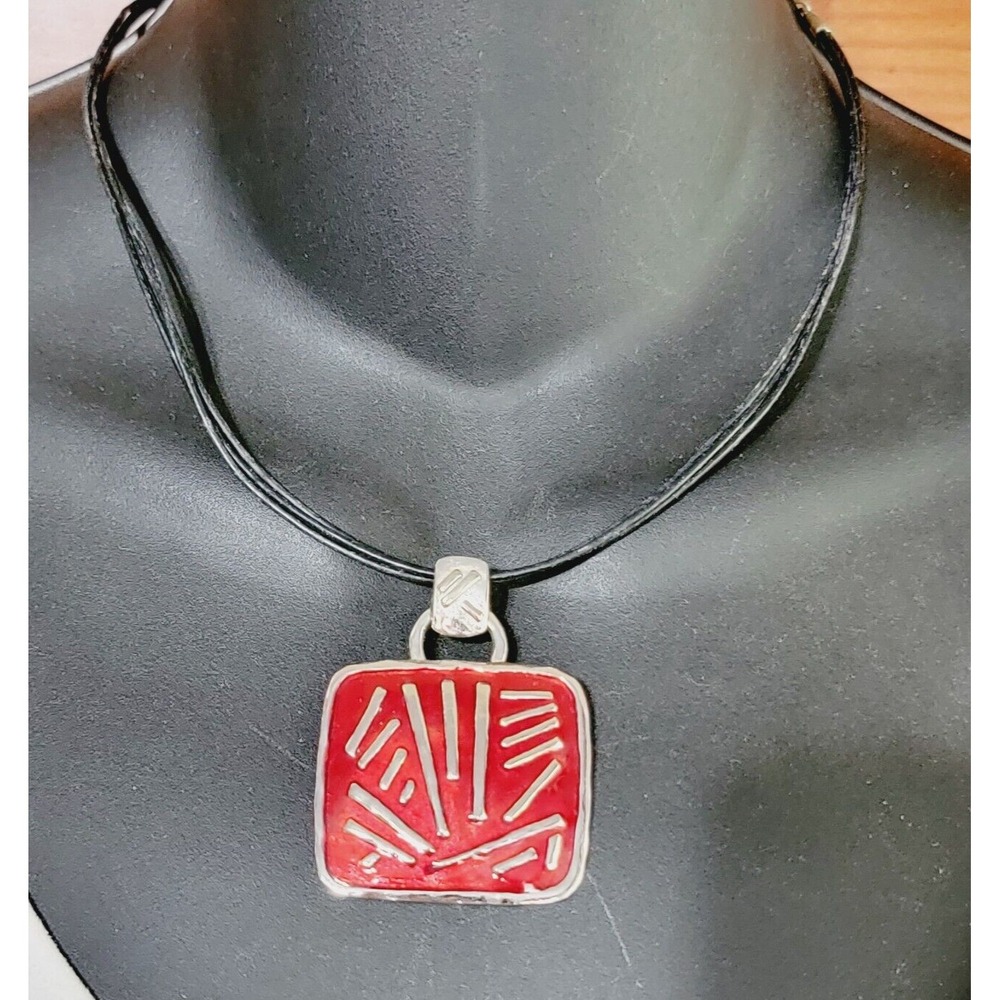 CHICO'S Silver & Red Enamel Pendant Necklace, Asian Motif, Triple Strand Chain